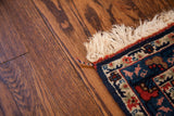 Close-up of dense pile, cream fringe, and colorful border on a vintage Bijar rug.