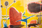 Textured red and dark spiky shapes against a vibrant yellow background.