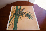 The full vintage Asian art lithograph of birds on bamboo, showing its border and corner condition.