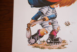 Cartoon baseball boy's torn uniform, bat, moving baseball, and artist signature Lynn.