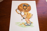 Vintage 1970s lithograph art of a cartoon girl in a yellow dress playing tennis.