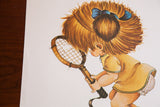 Angled close-up of the cartoon tennis girl's bushy hair, blue bow, and profile.