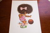 Vintage 70s art lithograph of a girl with a large afro dribbling a basketball.
