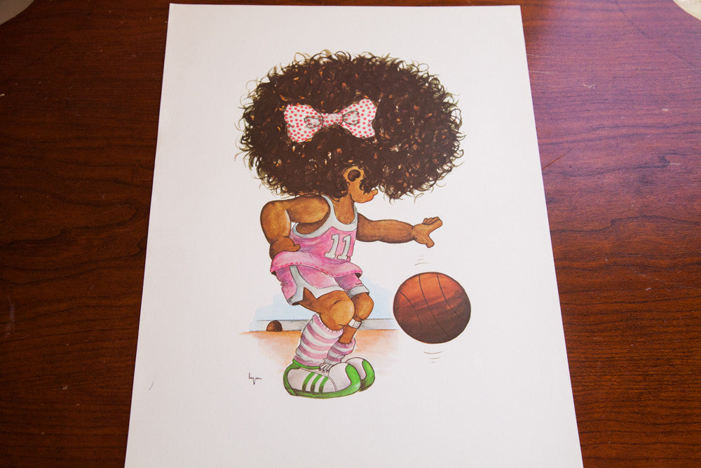 Vintage 70s Basketball Girl Kid Art Lithograph // ONH Item 1539