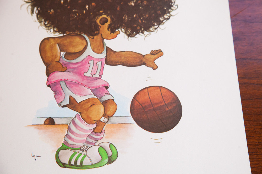 Vintage 70s Basketball Girl Kid Art Lithograph // ONH Item 1539 Image 1