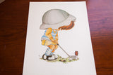 Vintage lithograph of a cartoon girl in a large hat golfing with a butterfly on her club.