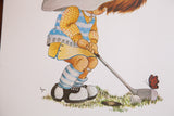 Close-up of the playful lithograph showing the artist's signature, Linn, near the girl's shoes.