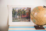 Vintage NYC lithograph art of Washington Square Park art show with vibrant colors.