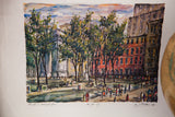 Bottom right of vintage Washington Square lithograph with Jill Butler signature and park scene.
