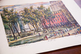 Angled vintage lithograph of Washington Square Park NYC art show scene.