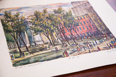 Vintage New York City Lithograph Art Painting of an art show in Washington Square Park in the big apple