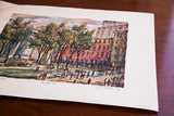 Bottom right of vintage NYC lithograph art depicting a street scene with figures and artist's signature.
