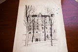 Irving Nurick vintage 1930s Paris street etching, Place Dauphine, with aged paper and blue drops.