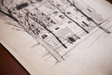 Lower right detail of vintage Paris street etching, revealing paper texture and paint drops.
