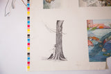 Printing proof poster art detail with color calibration strip and top of tree illustration.
