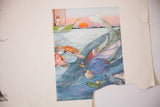 Children's book illustration detail featuring blue whale, diverse fish, and the distressed paper edge.