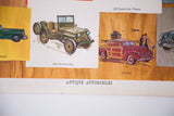 A close-up of the Antique Automobiles poster showing the title and illustrations of a 1944 Jeep and 1947 Ford.