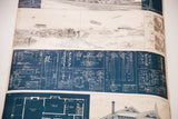 Intricate blue blueprints with white schematics on the antique school chart.