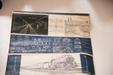 Section of antique school chart with train illustration and intricate blueprint diagrams.
