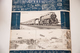 Section of an antique school chart with blueprints, a Pennsylvania Lines train, and historic landscape illustrations.