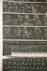 Antique school chart showing portraits, facial anatomy, musical notes, and cursive alphabet.