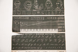 Antique school chart displaying historical figures, musical notation, and cursive script.