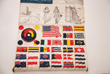 Antique school chart displaying diverse world flags, color theory, and intricate black-and-white drawings.