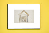 Archival print of a house-shaped collage made from antique photographs featuring a cat.