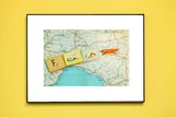 F is for Fox alphabet series print with a miniature fox and blocks on a vintage Italian map.