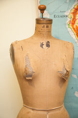 Vintage JR Bauman dress form's lower torso, showing worn tan canvas and waistline.