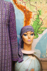 Vintage Andre Laug Elizabeth Arden purple silk floral head wrap and robe.
