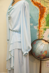 Vintage robin's egg blue chiffon dress with ruffled tiered skirt and balloon cuffs.