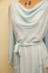 Pale blue chiffon dress waist with a tie knot and soft gathers.