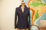 Vintage Town and Country navy pinstripe equestrian blazer with brown buttons, flap pockets.