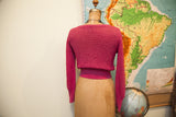 Vintage Cashin Country pink knit sweater, back view highlighting textured wool and cropped hem.