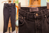 Versace Jeans Couture faded black acid wash denim, logo button and waist label.
