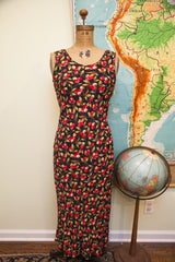 Vintage Betsey Johnson Cherries Dress, black sleeveless with allover red cherry print.