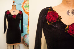 Vintage Betsey Johnson Black Velvet Dress Roses // ONH Item 1571