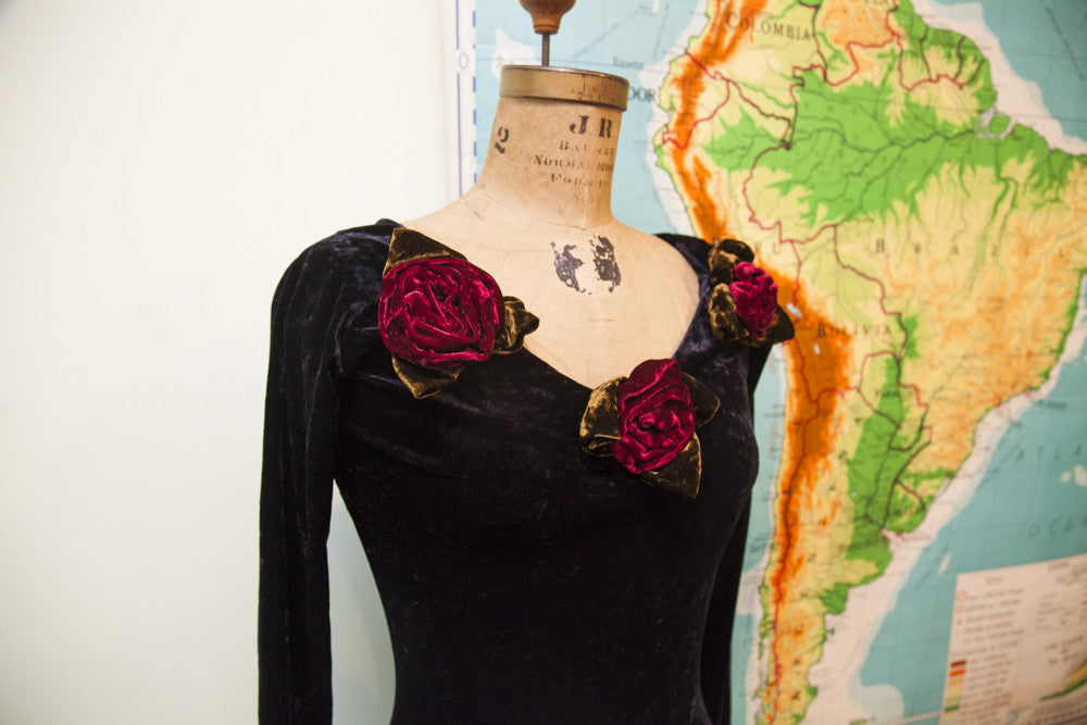 Vintage Betsey Johnson Black Velvet Dress Roses  Item #1571