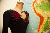 Black velvet Betsey Johnson dress, burgundy rose and olive green leaves.