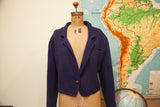 Vintage navy blue wool slouchy sweater jacket with one wooden button.