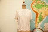 Vintage 50s Tailored Woman silk blouse with dainty ivory pink embroidery.