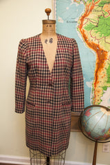 Vintage Giorgio Armani Long Blazer Jacket with beige, black, and red houndstooth pattern.