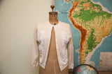Vintage 50s ivory cashmere sweater with intricate white beaded floral patterns, Medium.