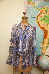 Vintage Gaultier silk blouse, pleated, with intricate blue and white religious imagery print.