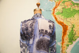 Gaultier silk blouse back, showing pleated top with blue, white religious imagery.
