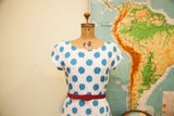 Vintage Adrienne Vittadini Summer Dress, white with teal floral polka dot print, scalloped neckline.