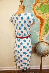 Vintage Adrienne Vittadini dress back, white with teal floral polka dots, red styling belt.