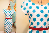 Vintage Adrienne Vittadini dress, white with teal floral polka dots, scalloped neckline.