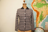 Vintage 70s Knit Button Cardigan Sweater, brown, off-white geometric pattern, Medium.
